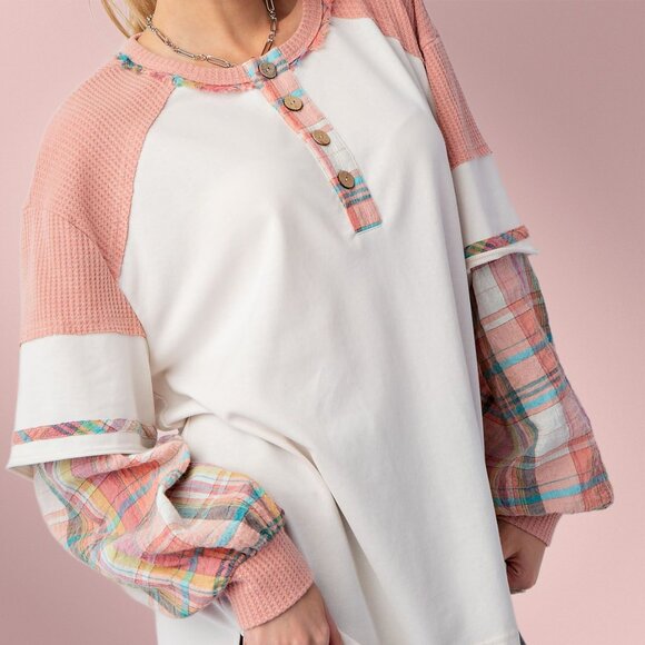 EASEL "Alabama Top - Talladega" Loose Fit Henley Layered Look Mineral Washed Top - Picture 12 of 14